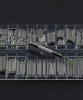Top-down view of stainless steel watch band pins (8–25mm) organized in a clear organizer with a pin remover tool.
