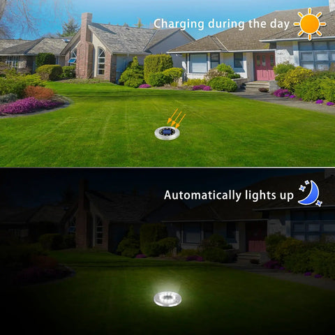 12 LED Solar Ground Lights Waterproof In Ground Disk Pathway Lights for yard. Day charging, night illumination demonstration.