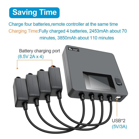 LCD Display 6 In 1 Battery Charger For DJI Mini 5 Pro, Mini 4 Pro, Mini 3 Pro, And Mini 3 Charge Four Batteries And Two USB Devices Simultaneously With Full Charge And Storage Modes Drone Accessories Hub showing charging ports.