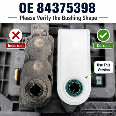 Front Grille Active Aero Shutter Actuator Motor Direct Replacement For 84375398 showing correct and incorrect bushing shapes.
