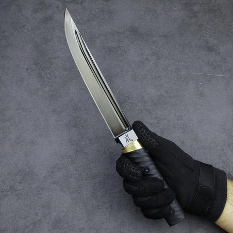 Gloved hand holding Tactical Wakizashi Full Tang Fixed Blade Knife, 14-Inch DLC Coated Sleipner Steel, G10 Handle