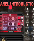 Control panel of a Six In One Welding Machine With Plasma Cutter, MIG Flux Core MIG Spool Gun Compatible, Cut, TIG, Stick, 200 Amp Welding