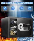 1.3 Cu Ft Home Safe Box With Steel Electronic Lock USB C Emergency Unlock Fireproof Waterproof Bag open view showing locked items