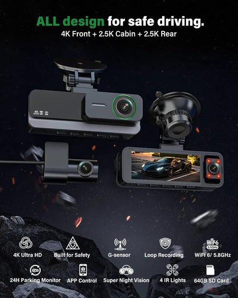 Crystal Clear 4K Front Cabin Rear Dash Cam with 5.8 GHz WiFi 6 IR Night Vision, showcasing 3-channel setup for rideshare drivers.