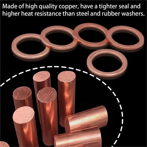 Heavy Duty Flat Copper Washers Set With Nuts And Bolts For Universal Oil Sump Plug Drain Seals Heat Resistant Ring Gaskets close-up