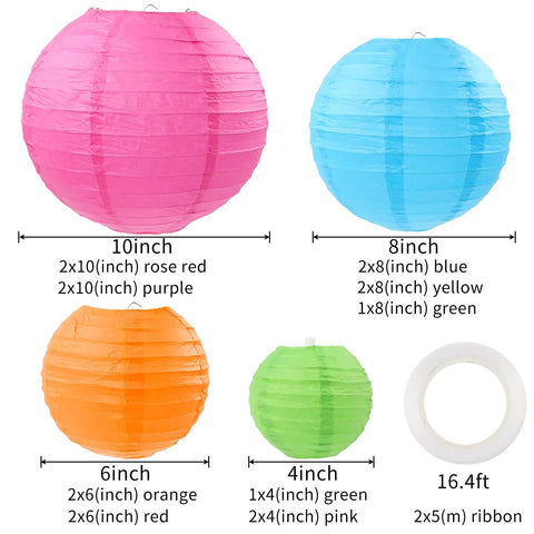 Colorful Paper Lantern Set 16 Multi Color Hanging Lanterns in 4, 6, 8, 10 Inch Sizes with 5m Ribbon for Party, Wedding