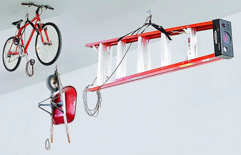 Overhead Garage Hoist System For Bikes And Ladders Single Point Lift 45lb Capacity Self Leveling With Anti Drop Safety
