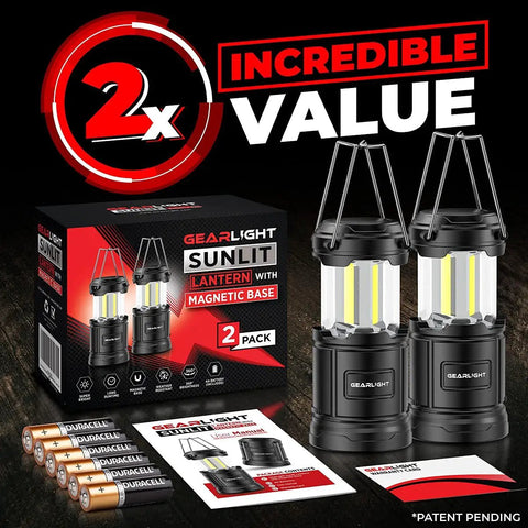 Portable LED Camping Lantern With Battery Power, Magnetic Base And Foldable Hook For Emergency Prep, Campsites, Power Outages Or Hurricanes, Includes Batteries In Black For Weekend Warriors shown with packaging and batteries