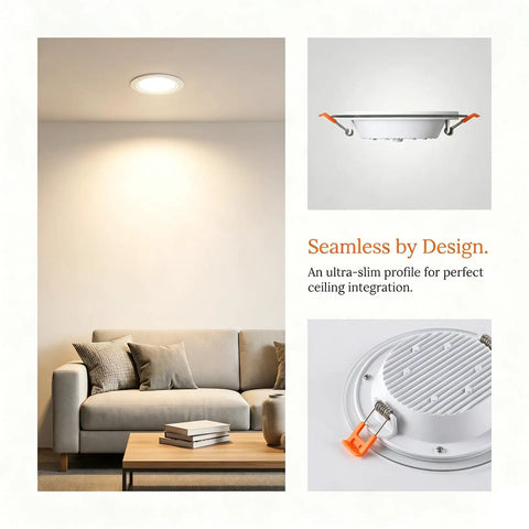 VOGHMOLD 12W LED Recessed Ceiling Light Glass Panel Downlight 6 inch installed above a living room couch, ultra-slim design.