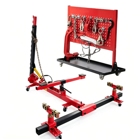 Auto Body Frame Straightener With 3 Ton Air Jack displayed on shop floor; includes red frame puller and tool rack.
