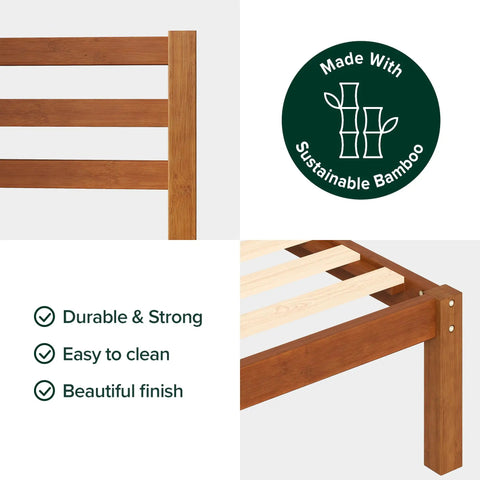 Close-up of Full Size Bamboo Platform Bed Frame With Sleek Slatted Headboard showing slat support and durable construction.