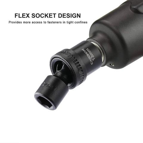Close-up of flex socket design from Fifteen Piece One Half Inch Drive Universal Impact Socket Set showing 360-degree angling