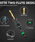 Woodworking Countersink Drill Bit Set, 12 Piece With Dual Flute Bits Sizes 4 6 8 10 12, 1/4 Inch Hex Shank and Depth Control