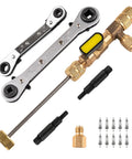 Valve Core Remover And Installer Tool Set For HVAC Systems with brass dual size SAE 1/4 and 5/16 ports and hex bit adapters