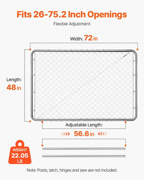 Adjustable Chain Link Fence Gate 72 By 48 Inches Rust Resistant Galvanized Steel Garden Gate For Farm And Yard Fits 2.2 To 6 Ft Wide Opening And 6 Ft High Posts Not Included, top view with dimensions shown.