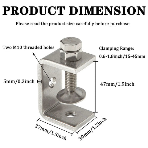 Stainless steel C-clamp with wide 15–45 mm jaw opening and base mounting hole, front view