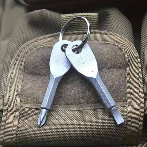 Two-Piece Mini Pocket Screwdriver Set With Steel Phillips And Slotted Heads Grab-And-Go Key Ring Repair Tool for Outdoor Camping EDC Gear Compact Durable Steel Build Everyday Carry Must-Have on a backpack