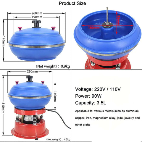 Jewelry Tumbler Polisher Workhorse, 90W Vibration Polishing Machine For Metal Parts, 3.5 Liter Capacity with size specifications