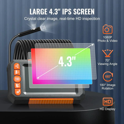 Dual Lens Endoscope Camera With Light For Auto And Plumbing, 4.3 Inch IPS Screen, 1080P HD Inspection Camera, 8 Plus 1 LED Lights With 3 Brightness Levels, 4X Zoom, IP67 Waterproof Snake Cam, 16.4 Ft Cable, 32GB Card Included. 4.3-inch IPS display