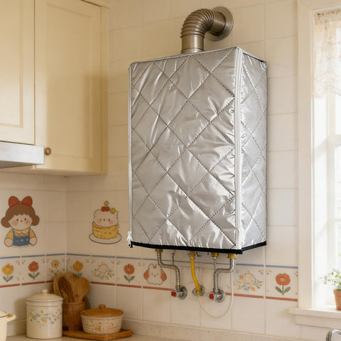 Outdoor Tankless Water Heater Cover With Weatherproof Protection IPX4 Waterproof Rating in indoor setting, quilted silver design