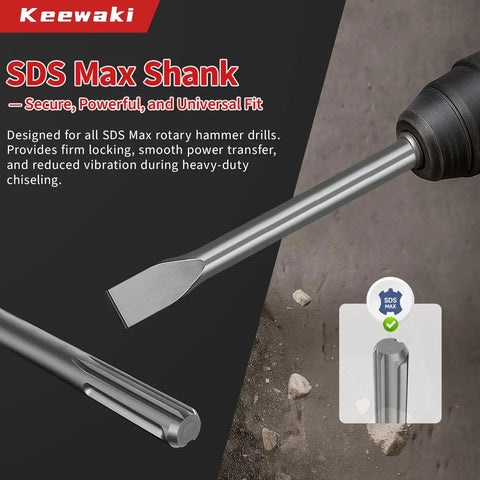 Close-up of Four Piece SDS Max Rotary Hammer Chisel Set Built For Concrete Tile And Masonry, highlighting flat chisel tip.