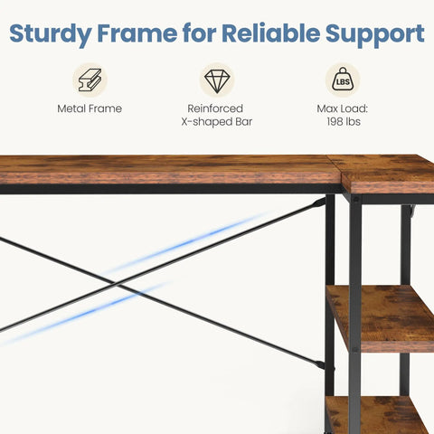 L Shaped Desk 47 Inch Computer Desk for Home Office and Gaming, Corner Desk with metal frame and shelves, rustic brown