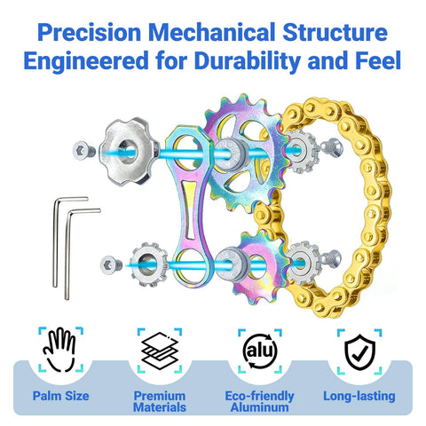 Exploded view of 2 Pack Metal Bike Chain Fidget Tools For Men Stainless Steel Desk Fidget Gear with tools and features.