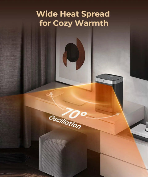 Room with Space Heater With Motion Sensor Portable Indoor Ceramic Heater 1500W Oscillating with 70° angle.