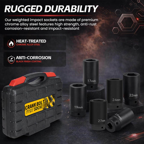 Half Inch Drive Crank Bolt Socket Set 17mm 19mm 21mm 22mm 24mm 27mm Deep Counterweighted Impact Sockets with carrying case