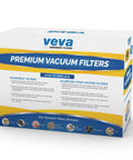 Box of premium vacuum filters demonstrating how to use with Shark Rocket Replacement Filter Set With Six Allergen Filters, Six Washable Foam Filters, And Six Felt Filters For HV319Q 320 321 322 324 325 And UV330 422 instructions visible