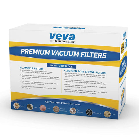 Box of premium vacuum filters demonstrating how to use with Shark Rocket Replacement Filter Set With Six Allergen Filters, Six Washable Foam Filters, And Six Felt Filters For HV319Q 320 321 322 324 325 And UV330 422 instructions visible