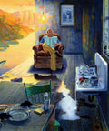 Man reading in a chair in a surreal room with water reflections, overlooking a lake and landscape at sunset.