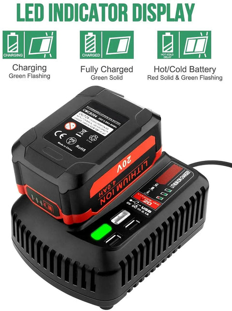 V20 Battery Fast Charger Replacement With 2 USB Ports For 20V Max Lithium Ion Batteries Compatible With CMCB202, LED display