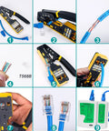 Pass Through RJ45 Crimp Tool Kit for Ethernet Cables used to crimp CAT5 CAT6 with tester and connectors visible in various steps.