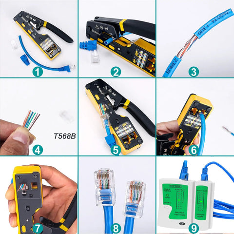 Pass Through RJ45 Crimp Tool Kit for Ethernet Cables used to crimp CAT5 CAT6 with tester and connectors visible in various steps.