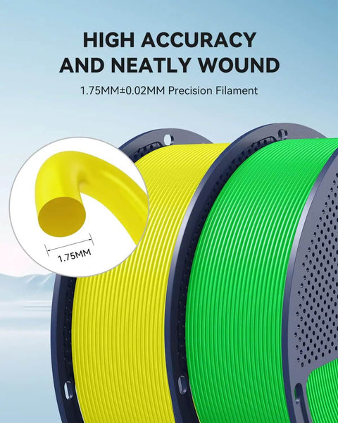 Close-up of two spools of yellow and green filament showing precision winding, labeled as 1.75mm ±0.02mm.