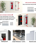 Heavy Duty Durable Metal Fire Extinguisher Cabinet With Magnetic Door And Acrylic Window Holds 2 5 10 Lb Extinguishers Plus First Aid Kit Semi Recessed Or Wall Mount For Indoor And Outdoor White, shown with installation options and features.