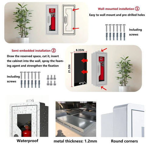 Heavy Duty Durable Metal Fire Extinguisher Cabinet With Magnetic Door And Acrylic Window Holds 2 5 10 Lb Extinguishers Plus First Aid Kit Semi Recessed Or Wall Mount For Indoor And Outdoor White, shown with installation options and features.