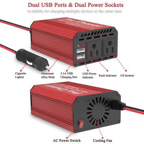 400W Vehicle Power Inverter With 12V DC To 110V AC Conversion, aluminum body, dual 110V sockets, USB ports, peak 800W