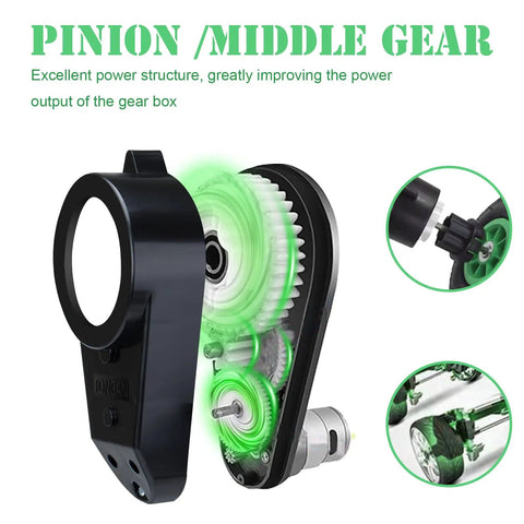 24V Ride On Toy Wheel Motor Upgrade Gearbox Kit with highlighted components for RS555 40000RPM high speed drive replacement