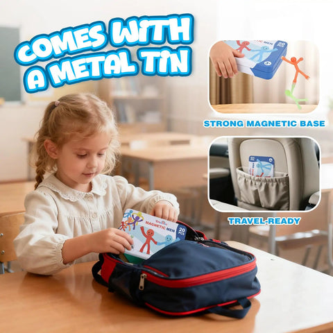 Ultimate 20-Piece Magnetic Fidget Toys Set for Kids in a bag, showing travel-ready tin, ideal for car trips and classroom fun.