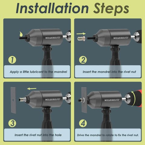 Installation steps for Rivet Nut Drill Adapter Kit with Dual Drive Modes Drill and Ratchet, gray finish, Welderelite