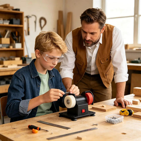 Heavy Duty Mini Bench Grinder With Dual Grinding Wheels For Precise Tool Sharpening and Burr Removal Electric Tabletop Machine being used by a boy and man.