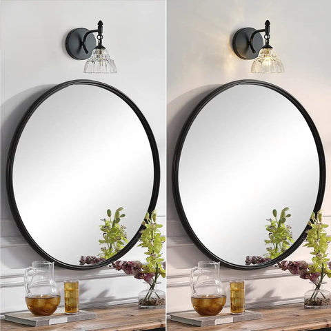 Matte Brass Vintage Vanity Light Fixture With Flower Shaped Glass Shades Over Mirror Five Light Wall Sconce For Bathroom Bedroom Dressing Room Living Room Hallway Retro Vibe Modern Look mounted above a round mirror