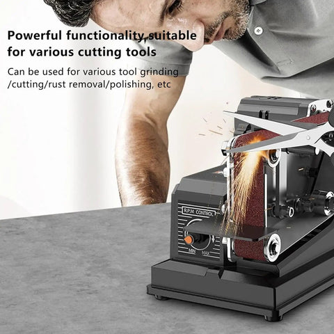 Built Tough Mini Belt Sander And Bench Grinder With A Beefy 180W Motor and Infinite Speed Dial for tool grinding and rust removal.