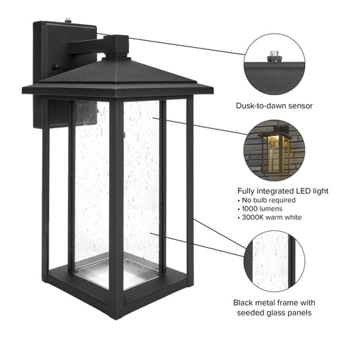 Seeded Glass Outdoor Wall Light With Dusk To Dawn Sensor, 1000 Lumens Of Warm 3000K Glow, 15.5 Inch Tall Porch Lantern, black metal frame