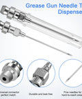 Grease gun needle tip kit with 5 pieces: needle dispenser, rubber joint, detachable tip, 2 needle nozzles; chrome metal.