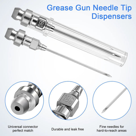 Grease gun needle tip kit with 5 pieces: needle dispenser, rubber joint, detachable tip, 2 needle nozzles; chrome metal.