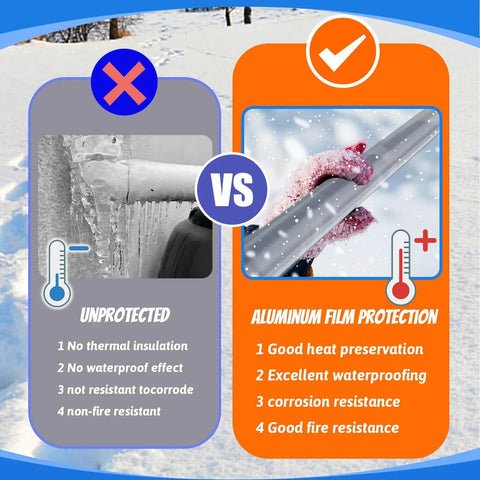 Comparison of unprotected pipe vs. pipe with aluminum film protection, highlighting benefits for Eight Pack Three Quarter Inch Pipe Insulation Foam Tubes With Self Adhesive Pre Slit Covers Polyethylene With Aluminum Foil For Outdoor Spigots Pipes Sprinklers Water Heaters And A Go To Winter Freeze Protection.