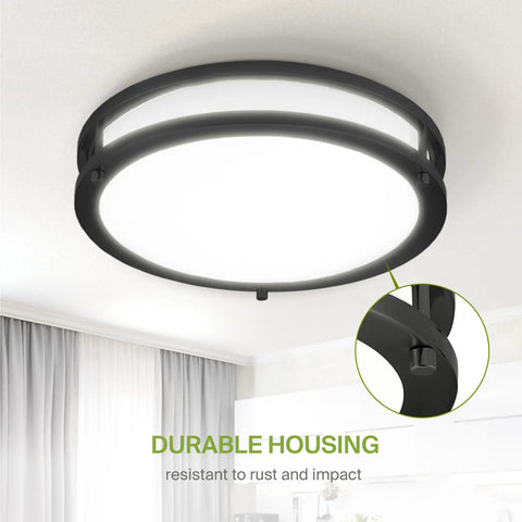 Bright 12 Inch Round Flush Mount LED Ceiling Light With 3 CCT Dimmable Modes, low profile black double ring fixture